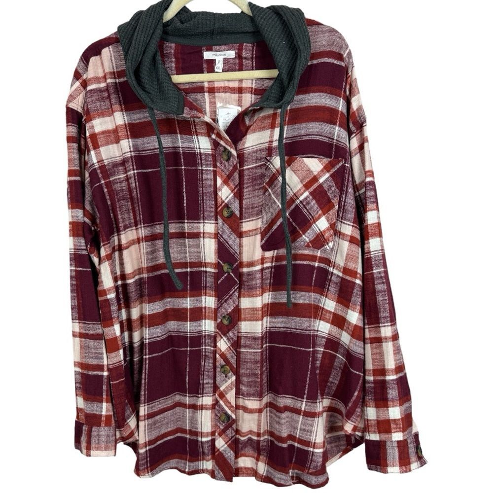Maurices Plaid Hooded Shirt - Grey and burgundy size XXL NWT